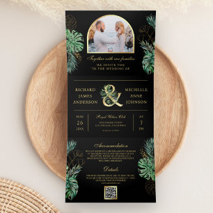 Invitation Trois Volets Tropical Gold Monstera Palm Black QR Code Mariage