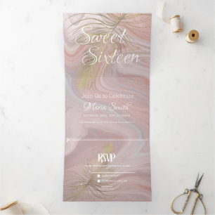 Invitation Trois Volets Tropical Sweet 16 Marbre liquide Rose pâle