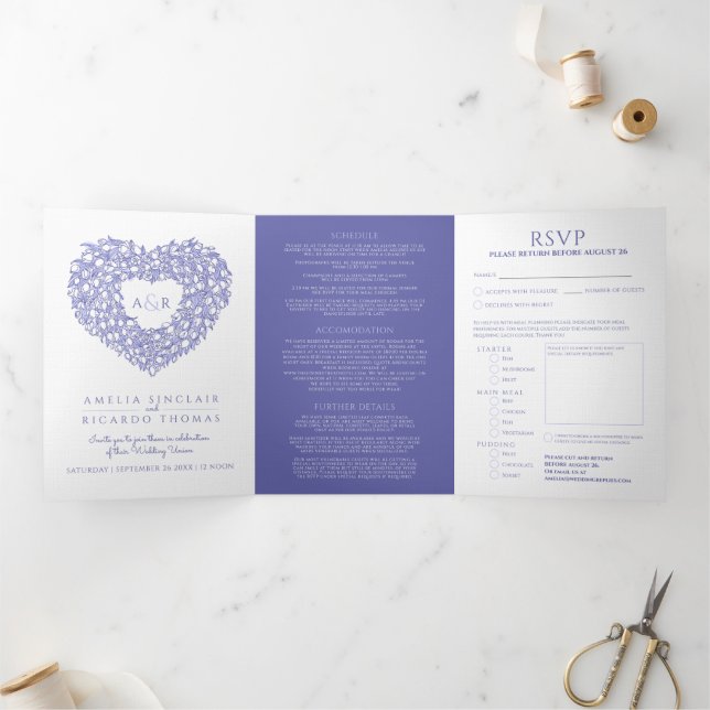 Invitation Trois Volets Tulipes blanches art de monogramme de cœur bleu ma (Intérieur)