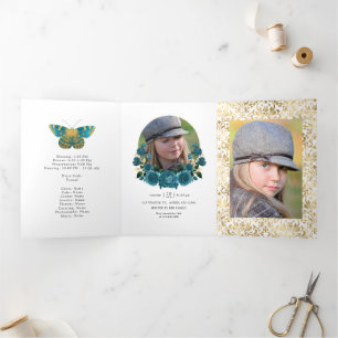 Invitation Trois Volets Turquoise et or floral vintage Quinceañera