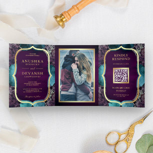 Invitation Trois Volets Turquoise Galaxy Purple Mandala QR Code Mariage in