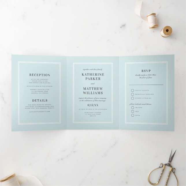 Invitation Trois Volets Un Mariage tout-en-un bleu élégant (Intérieur)