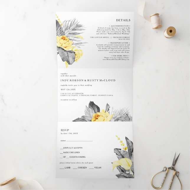Invitation Trois Volets Un Mariage Tropical Moderne En Un Triplé (Intérieur)