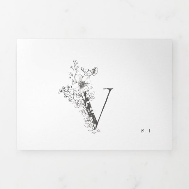 Invitation Trois Volets 'V' Monogramme magnifique Mariage floral croisé (Page de couverture)