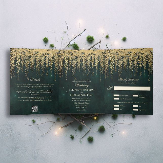 Invitation Trois Volets Végétation en or de forêt enchantée tout en un Mar (enchanted forest trifold wedding invitation seal send emerald gold branches vines elegant all in one)