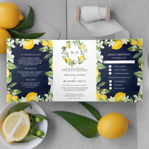 Invitation Trois Volets Verger Citrus Lemon en un Mariage bleu marine