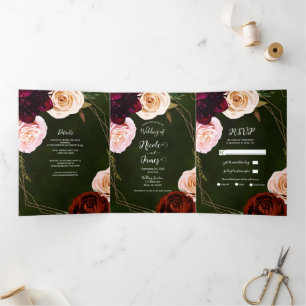 Invitation Trois Volets Vert émeraude Or Foncé Floral Triptyque Mariage