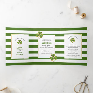 Invitation Trois Volets Vert moderne, rayures blanches mariage irlandais d