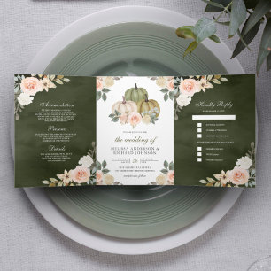 Invitation Trois Volets Vert sauge foncé Citrouille Pêche poussiéreuse Fle