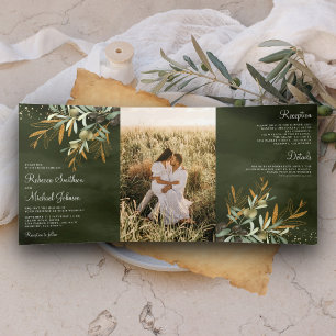 Invitation Trois Volets Vert sauge or feuille d'olive branche photo mariag