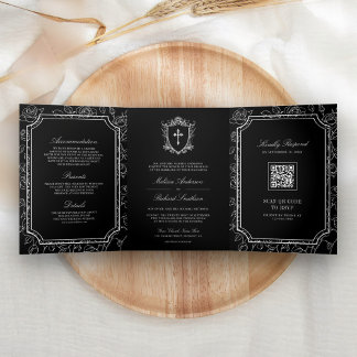 Invitation Trois Volets Victorian Black Catholic QR Code Mariage