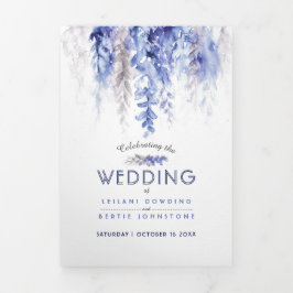 Invitation Trois Volets Vignes d'automne bleu gris aquarelle mariage tout-