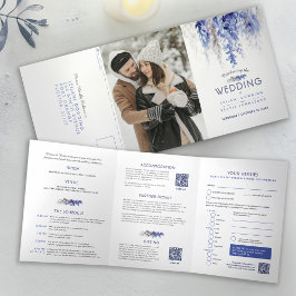 Invitation Trois Volets Vignes d'automne bleu gris aquarelle mariage tout-