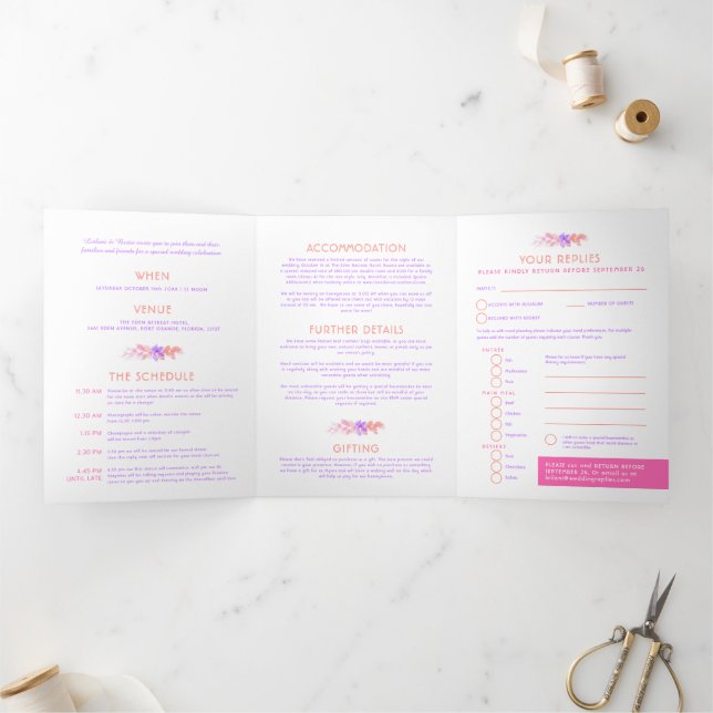 Invitation Trois Volets Vins orange rose aquarelle mariage tout-en-un (Intérieur)