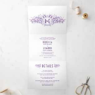 Invitation Trois Volets Vintage crête héraldique pourpre et initiales mari