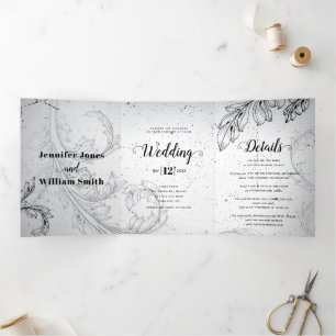 Invitation Trois Volets Vintage noir, gris feuille de défilement fleurir m