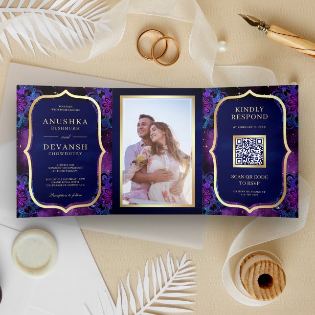 Invitation Trois Volets Violet Galaxy bleu Mandala QR Code Mariage indien (Créateur téléchargé)
