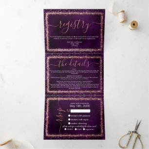 Invitation Trois Volets Violet Rose Gold Sprinled Confetti Détail RSVP
