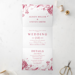 Invitation Trois Volets Viva magenta ligne art fleurs photo mariage