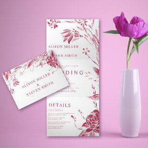 Invitation Trois Volets Viva magenta ligne rose fleurs photo mariage
