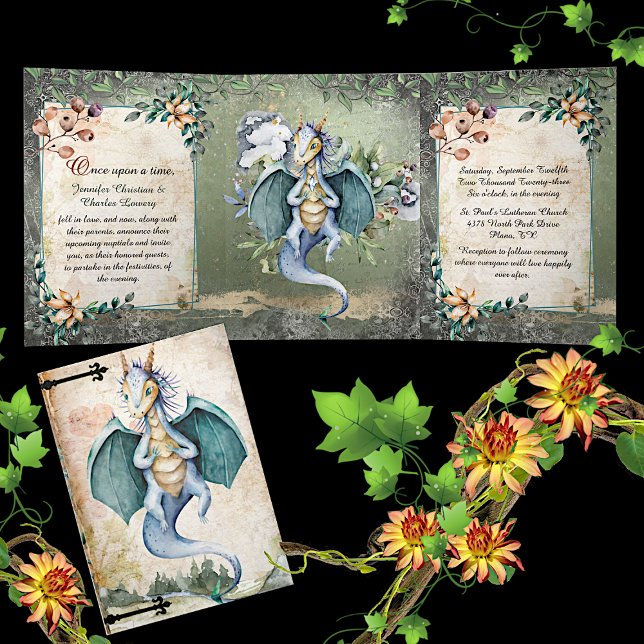 Invitation Trois Volets Watercolor Fairytale Dragon Mariage (Créateur téléchargé)