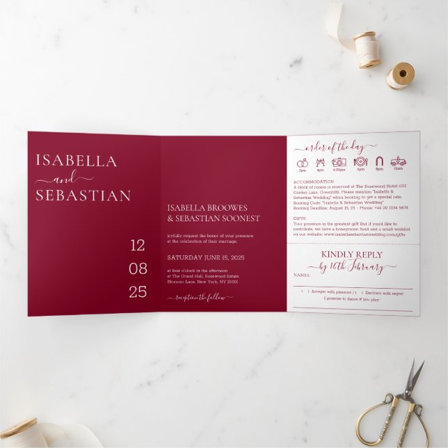 Invitation Trois Volets Wedding Burgundy All in one set kindly reply (Intérieur)