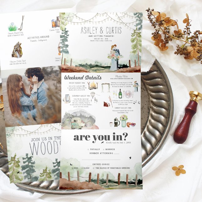 Invitation Trois Volets Week-end rustique dans les bois | Mariage forestie (Créateur téléchargé)
