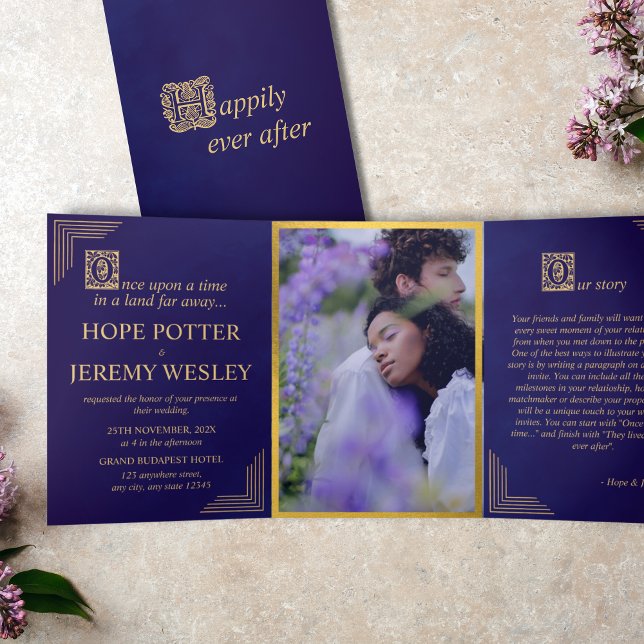 Invitation Trois Volets Whimssar Fairy Tale Book Gold Purple Velvet (Happily ever after - purple gold Fairy tale wedding invitation)