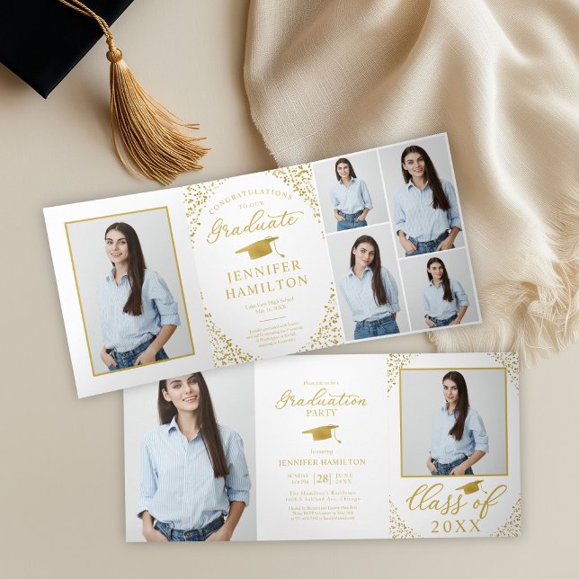 Invitation Trois Volets White Gold Confetti Photo Graduation Party (Créateur téléchargé)