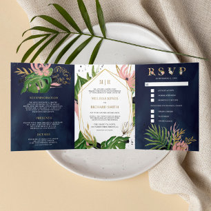 Invitation Trois Volets Wild Tropical Gold Blush rose Floral Mariage