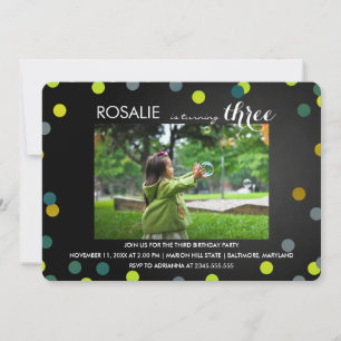 Invitation Troisième anniversaire  Chalkboard Confetti Photo
