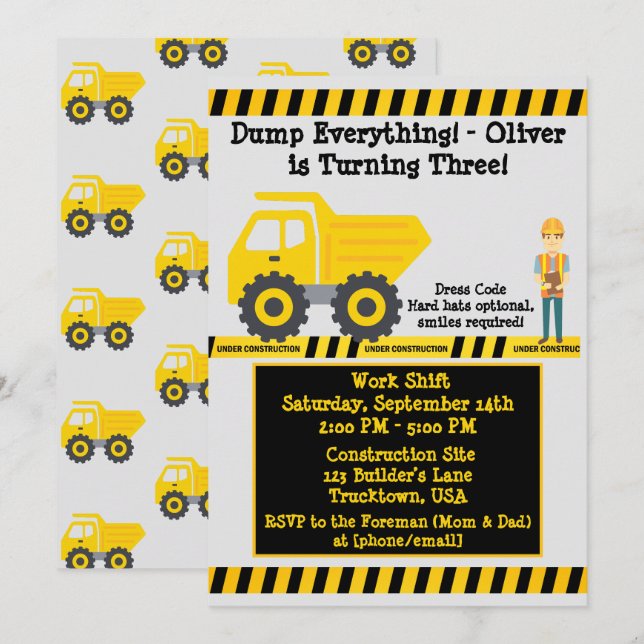Invitation Troisième anniversaire Construction d'un camion à  (Devant / Derrière)
