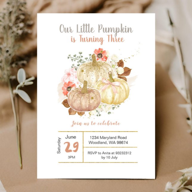 Invitation Troisième anniversaire Gold Citrouilles Floral (Créateur téléchargé)