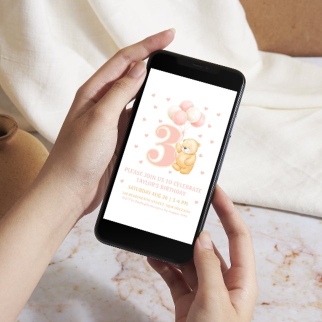 Invitation Troisième Anniversaire mignon Ours rose Ballons Wh (Digital birthday invitation Party invite via phone, evite, Sms birthday invitation party)