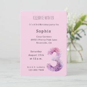 Invitation Troisième anniversaire rose lavande violet Cozy