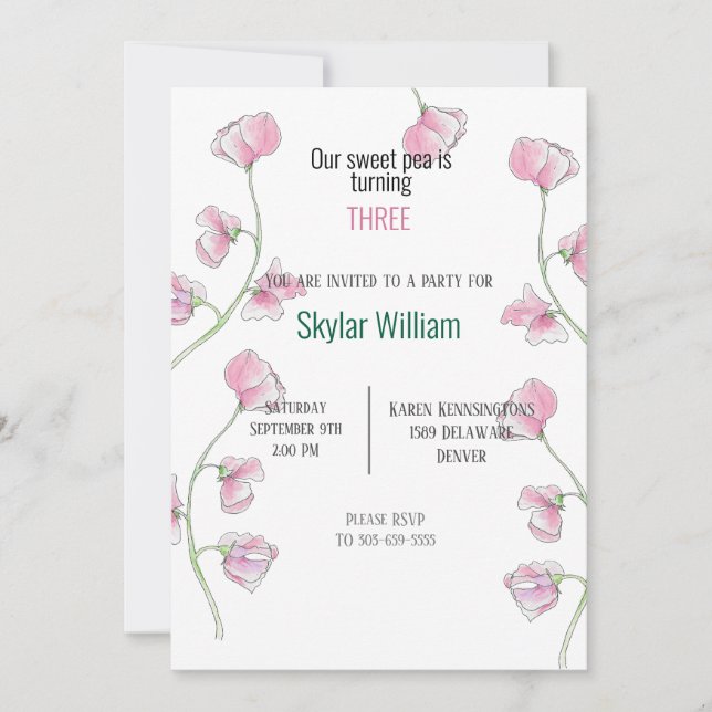 Invitation Troisième fête d'anniversaire Pink Sweet Pea (Devant)
