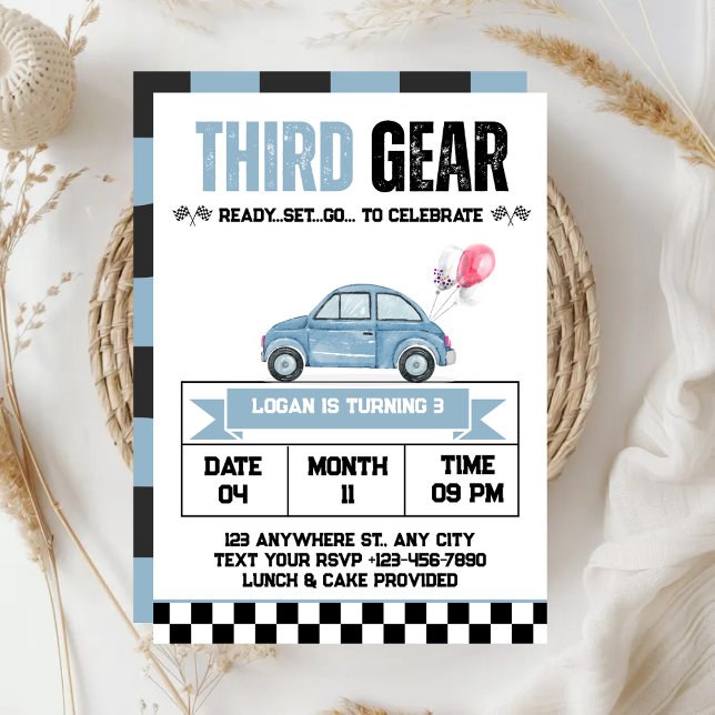 Invitation Troisième Gear Race Car Boy 3e fête d'anniversaire (Créateur téléchargé)