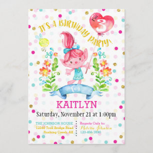 Invitation Troll Fleurs Filles Balloon Troisième Anniversaire