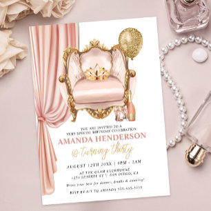Invitation Trône rose, couronne et champagne pour l'anniversa