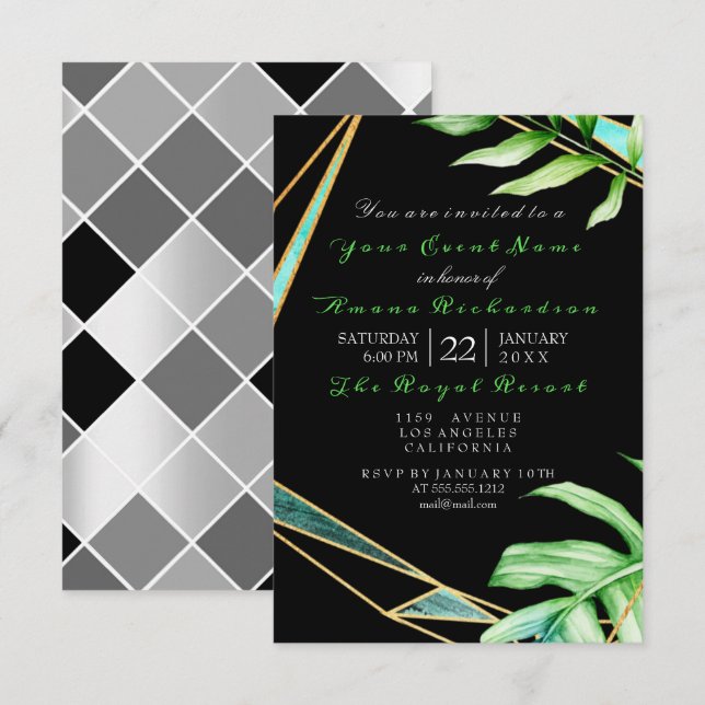 Invitation Tropic Aqua Black White FrameGreen Anniversaire (Devant / Derrière)