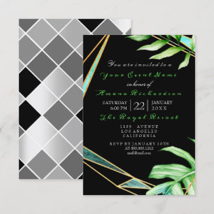 Invitation Tropic Aqua Black White FrameGreen Anniversaire