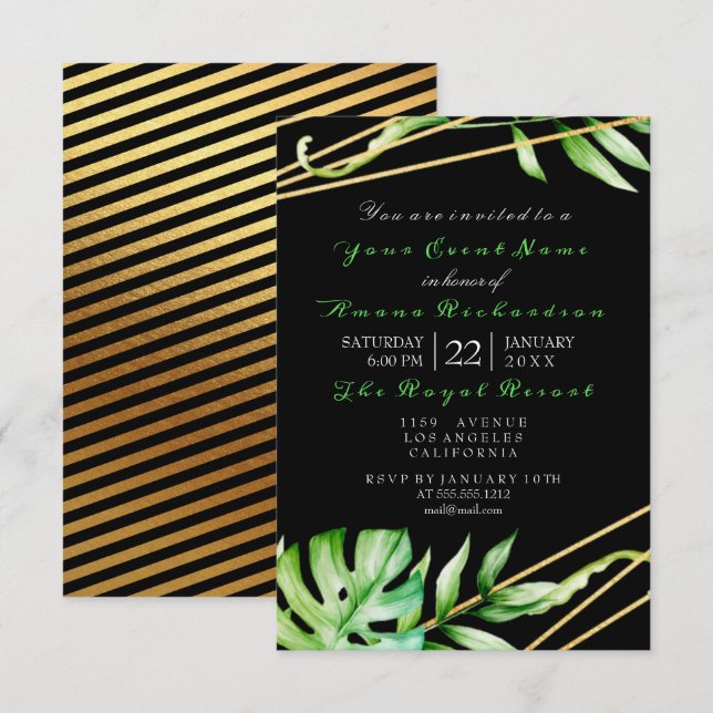 Invitation Tropic Jungle Black White Party raypes Luxe (Devant / Derrière)
