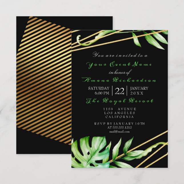 Invitation Tropic Jungle Black White Party raypes Luxe (Devant / Derrière)