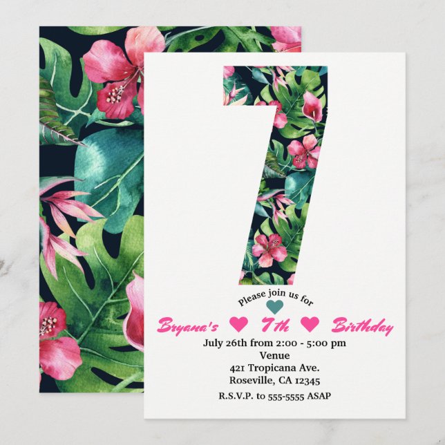 Invitation Tropical 7 Sept Septième Anniversaire Fête Invitat (Devant / Derrière)