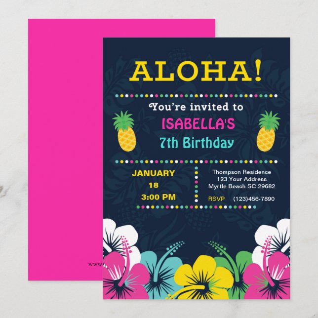 Invitation Tropical 7th Birthday Party (Devant / Derrière)