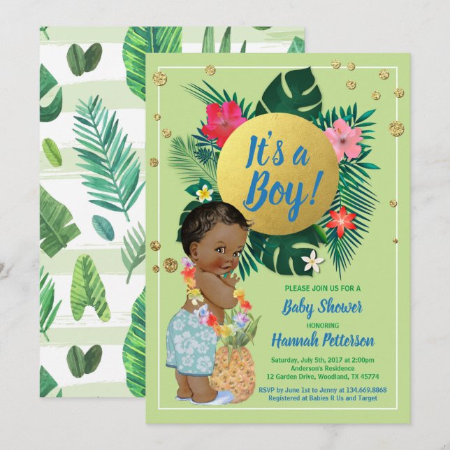 Invitation Tropical baby boy couples douche or vert (Devant / Derrière)