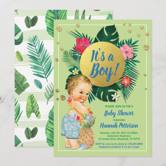 Invitation Tropical baby boy couples douche or vert (Devant / Derrière)