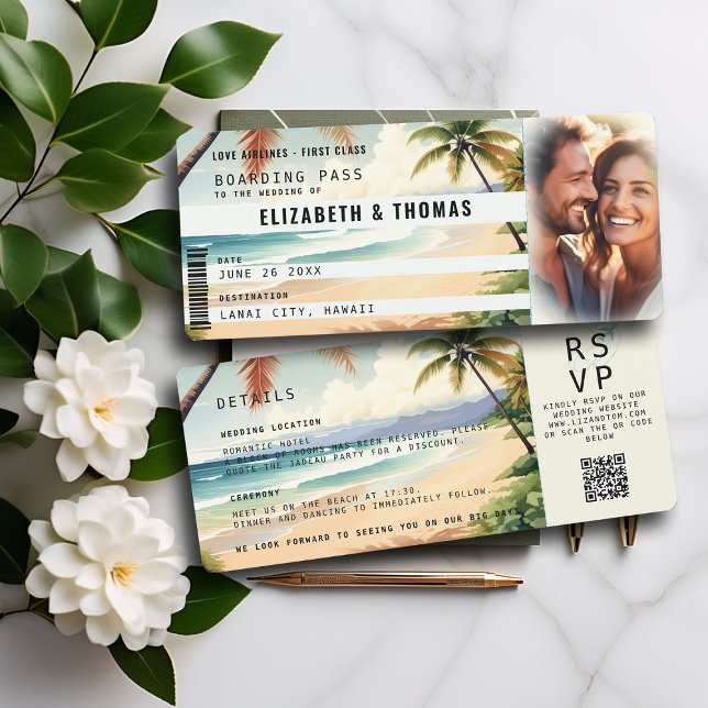 Invitation Tropical Beach Destination Boarding Pass Mariage (elegant boarding pass wedding invitation tropical beach palm trees ocean photo template QR code chic)