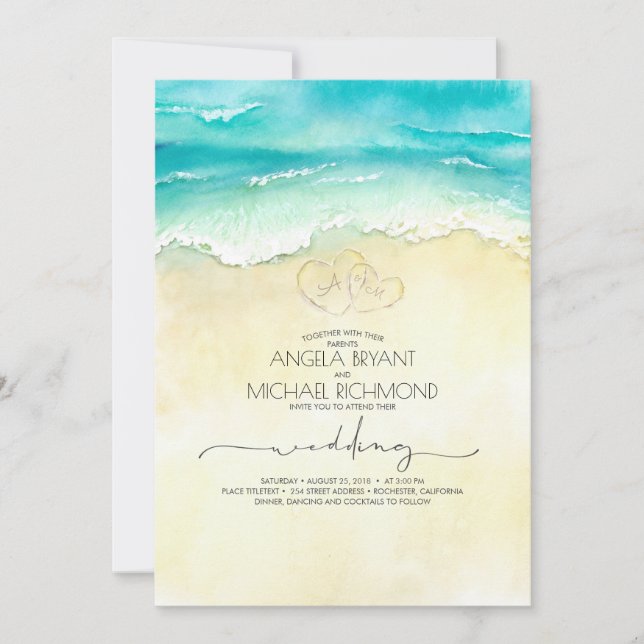 Invitation Tropical Beach Heart Aquarelle Shore Mariage (Devant)
