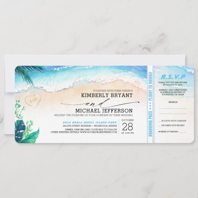 Invitation Tropical Beach Heart Shore Mariage Boarding Pass (Devant)